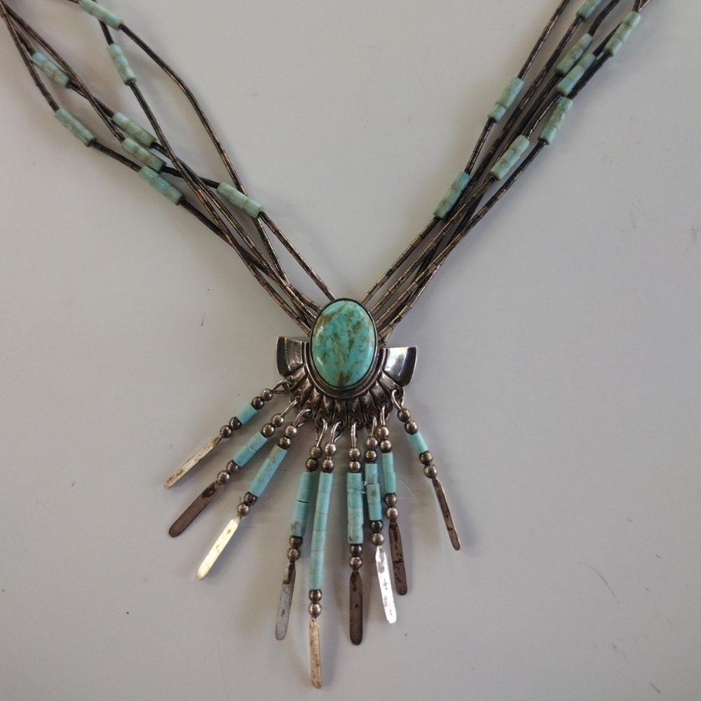 Native Sterling Silver Turquoise Multi-Strand Nec… - image 1